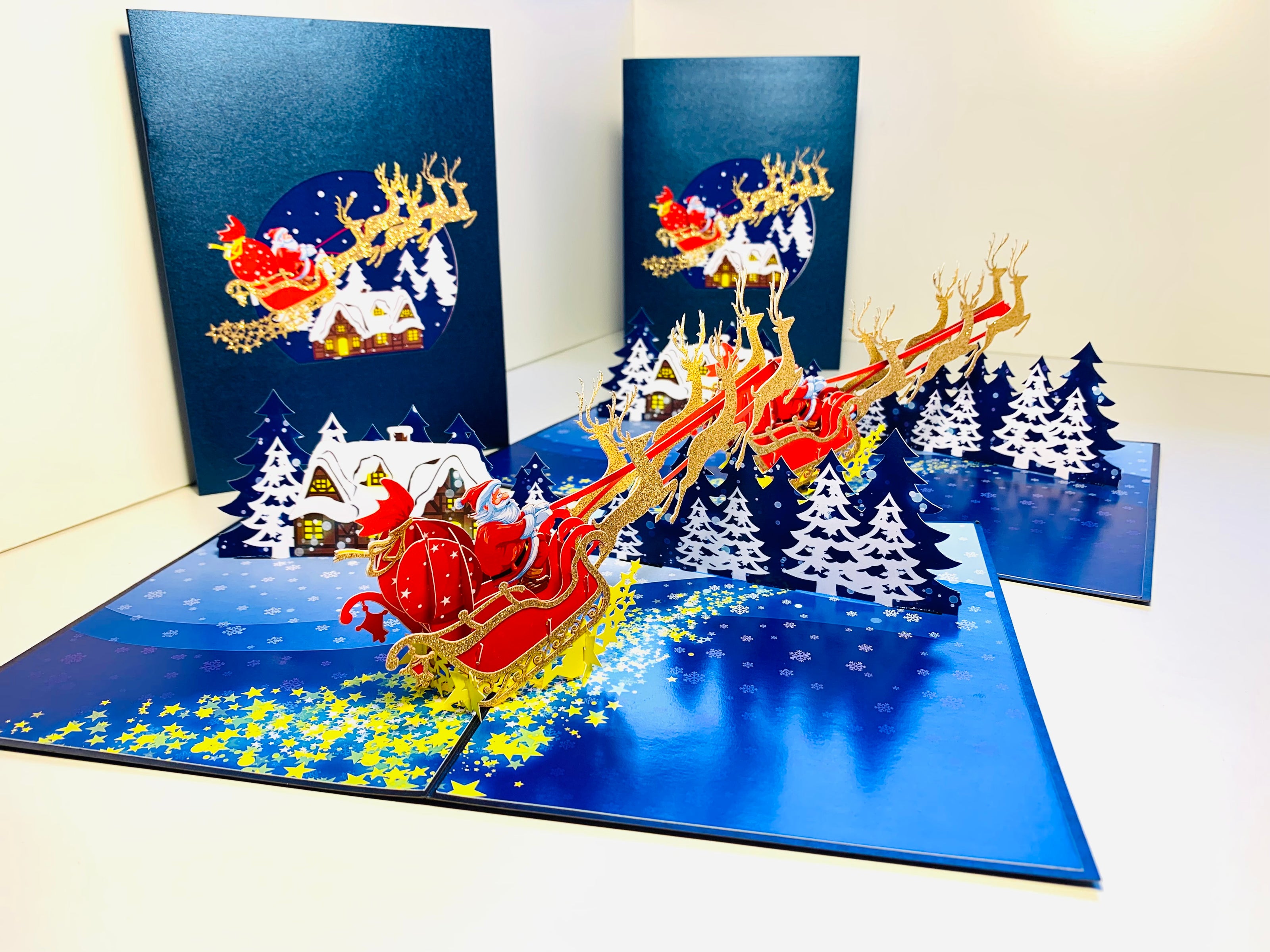 Premium Magical Santa Sleigh & Flying Reindeer Origami Pop Cards 3D Pop Up Greeting Card Merry Christmas Thank You Handmade Best Wishes Blank Card Gift Happy Holidays Celebrate the Special Day Moment with Family and Friends