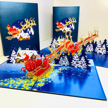 Premium Magical Santa Sleigh & Flying Reindeer Origami Pop Cards 3D Pop Up Greeting Card Merry Christmas Thank You Handmade Best Wishes Blank Card Gift Happy Holidays Celebrate the Special Day Moment with Family and Friends