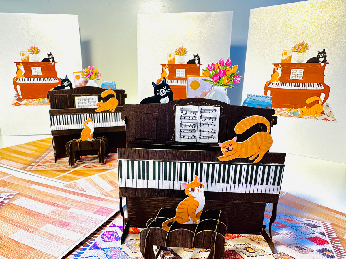 Majestic Musical Cats on a Piano! ~ Perfect Gifts for Crazy Cat Lovers Origami Pop Cards 3D Pop Up Greeting Card Best Wishes Happy Birthday Gift Thank You Handmade Best Wishes Blank Card for Any Occasion Happy Mother's Day Happy Father's Day Celebration