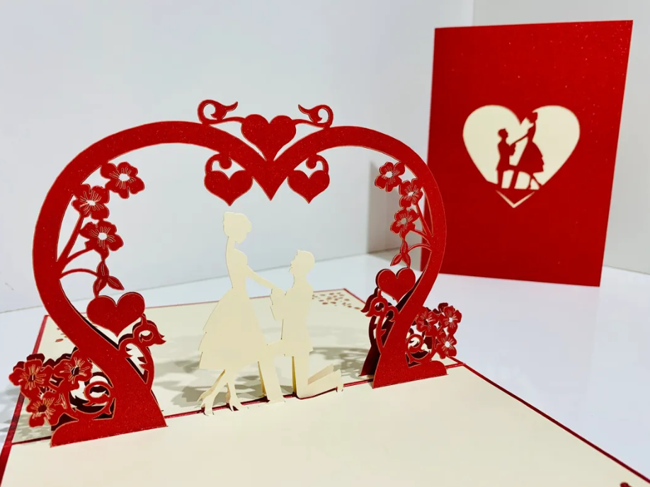 Marriage Engagement Proposal LOVE 12x17cm 3D POP UP GREETING CARD - Created by Origami Pop Cards Australian Design & Handmade 3D Pop Up Magical Paper Cards, Love Heart Fell and Romantic Handmade Pop Up Cards Happy Valentine's Day Celebrate