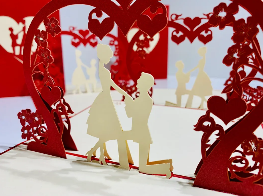 Marriage Engagement Proposal LOVE 12x17cm 3D POP UP GREETING CARD - Created by Origami Pop Cards Australian Design & Handmade 3D Pop Up Magical Paper Cards, Love Heart Fell and Romantic Handmade Pop Up Cards Happy Valentine's Day Celebrate