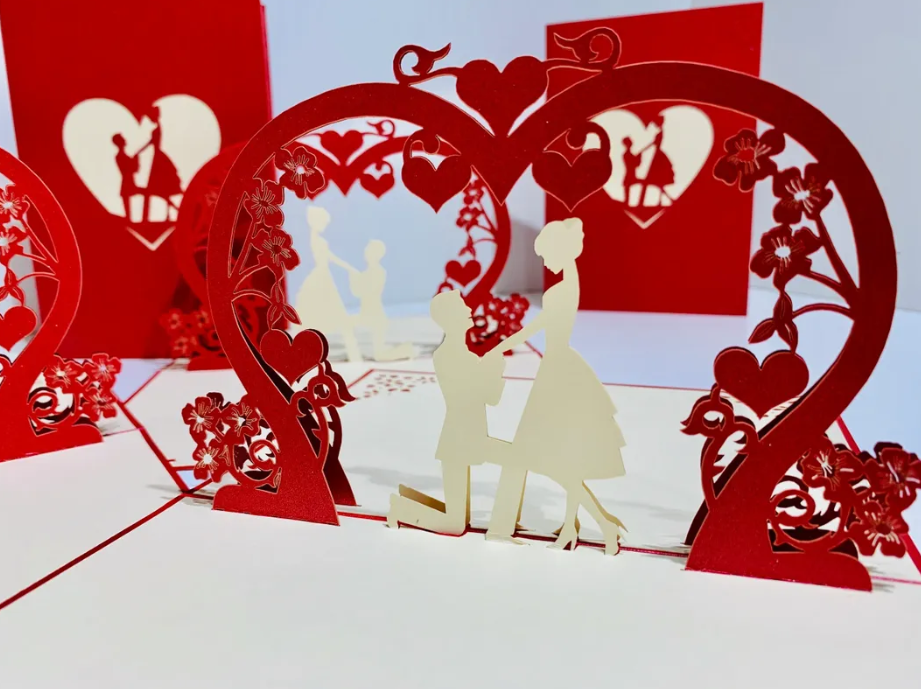 Marriage Engagement Proposal LOVE 12x17cm 3D POP UP GREETING CARD - Created by Origami Pop Cards Australian Design & Handmade 3D Pop Up Magical Paper Cards, Love Heart Fell and Romantic Handmade Pop Up Cards Happy Valentine's Day Celebrate