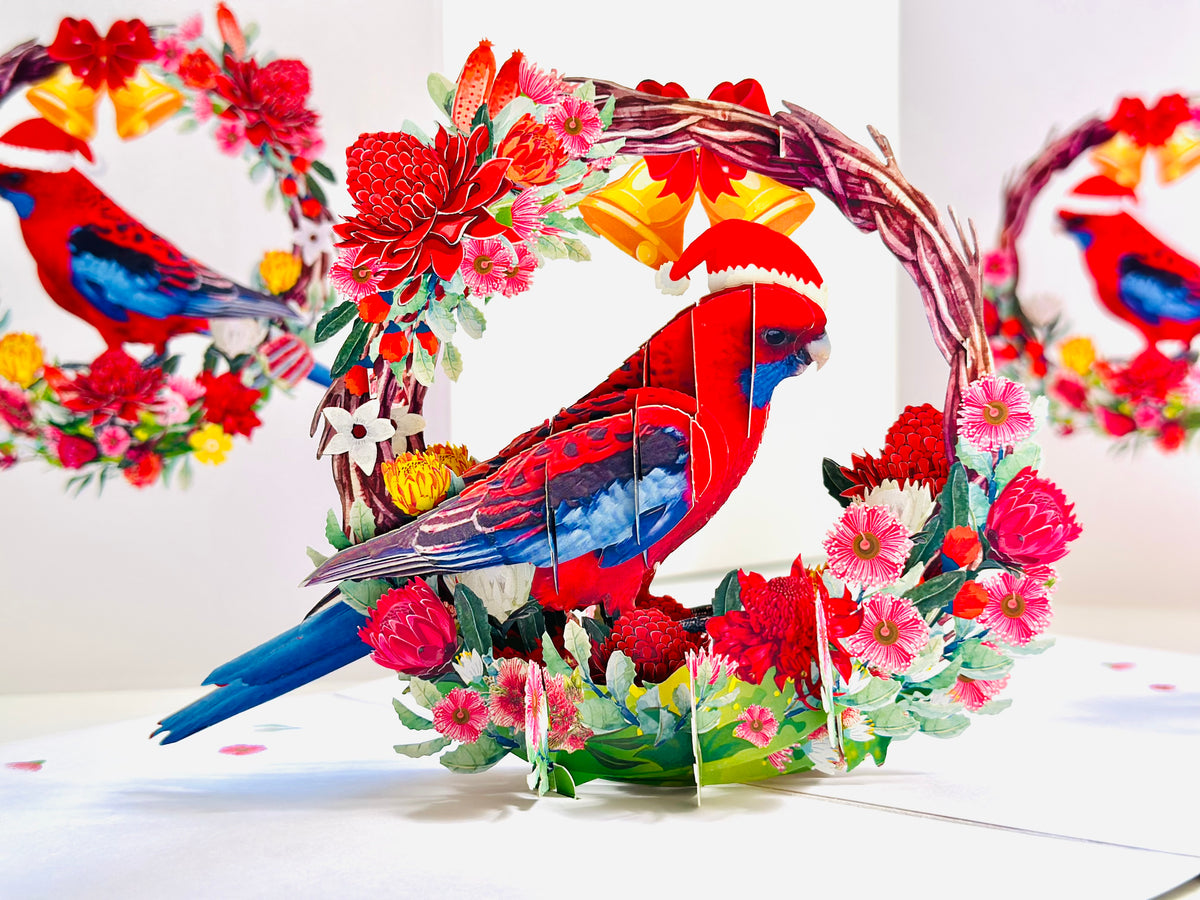 Merry Christmas Australian Bird Crimson Rosella & Native Flower Wreath Origami Pop Cards 3D Pop Up Greeting Card Merry Christmas Thank You Handmade Best Wishes Blank Card Gift Happy Holidays Celebrate the Special Day Moment with Family and Friends