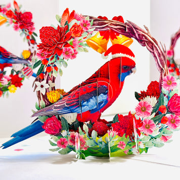 Merry Christmas Australian Bird Crimson Rosella & Native Flower Wreath Origami Pop Cards 3D Pop Up Greeting Card Merry Christmas Thank You Handmade Best Wishes Blank Card Gift Happy Holidays Celebrate the Special Day Moment with Family and Friends