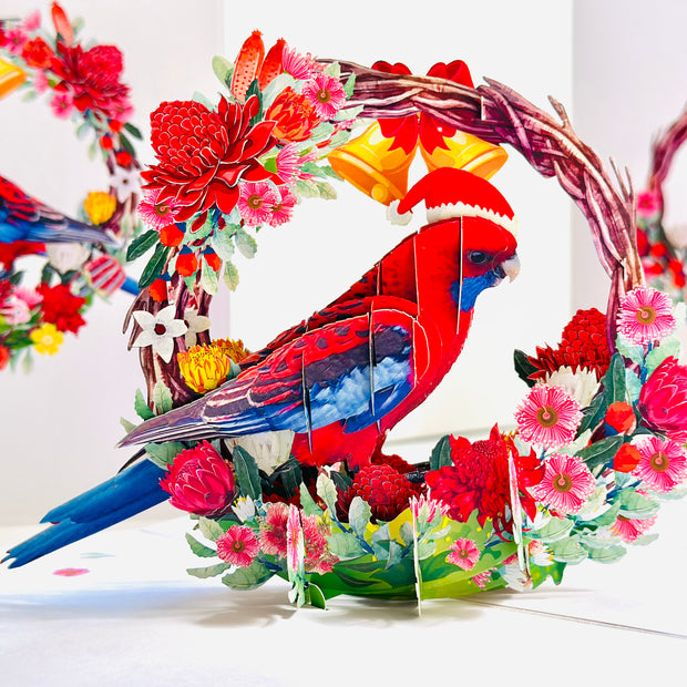 Merry Christmas Australian Bird Crimson Rosella & Native Flower Wreath Origami Pop Cards 3D Pop Up Greeting Card Merry Christmas Thank You Handmade Best Wishes Blank Card Gift Happy Holidays Celebrate the Special Day Moment with Family and Friends
