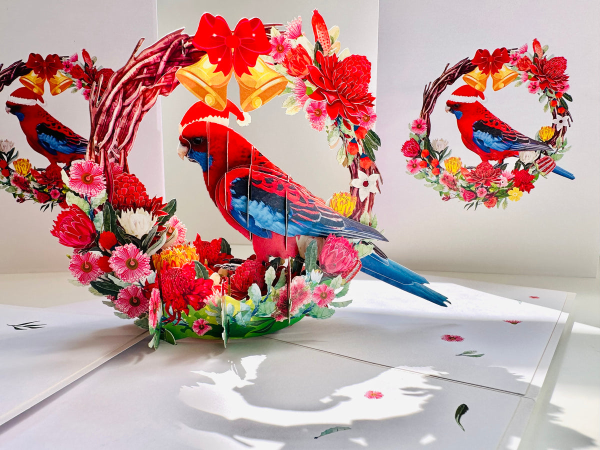 Merry Christmas Australian Bird Crimson Rosella & Native Flower Wreath Origami Pop Cards 3D Pop Up Greeting Card Merry Christmas Thank You Handmade Best Wishes Blank Card Gift Happy Holidays Celebrate the Special Day Moment with Family and Friends