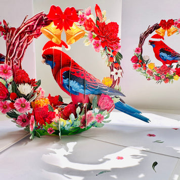 Merry Christmas Australian Bird Crimson Rosella & Native Flower Wreath Origami Pop Cards 3D Pop Up Greeting Card Merry Christmas Thank You Handmade Best Wishes Blank Card Gift Happy Holidays Celebrate the Special Day Moment with Family and Friends
