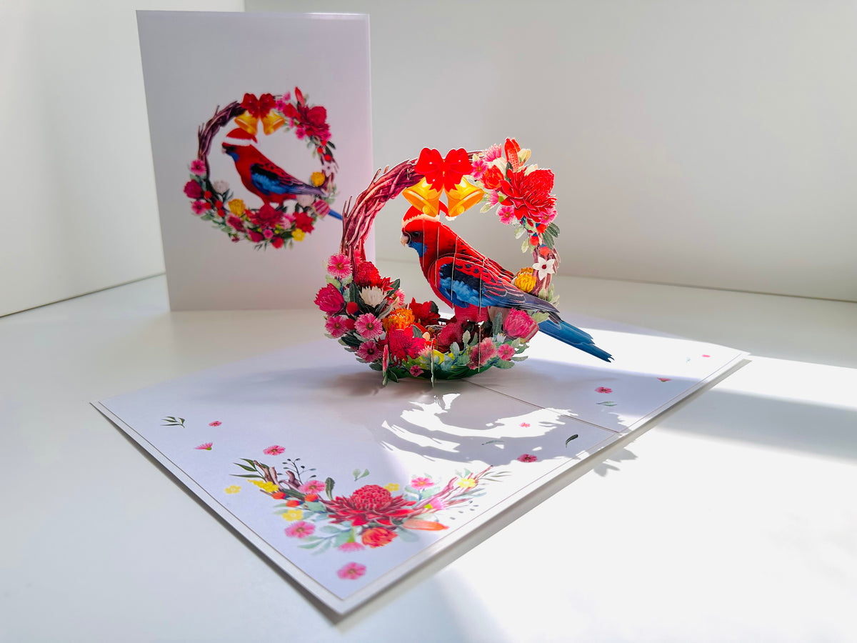 Merry Christmas Australian Bird Crimson Rosella & Native Flower Wreath Origami Pop Cards 3D Pop Up Greeting Card Merry Christmas Thank You Handmade Best Wishes Blank Card Gift Happy Holidays Celebrate the Special Day Moment with Family and Friends