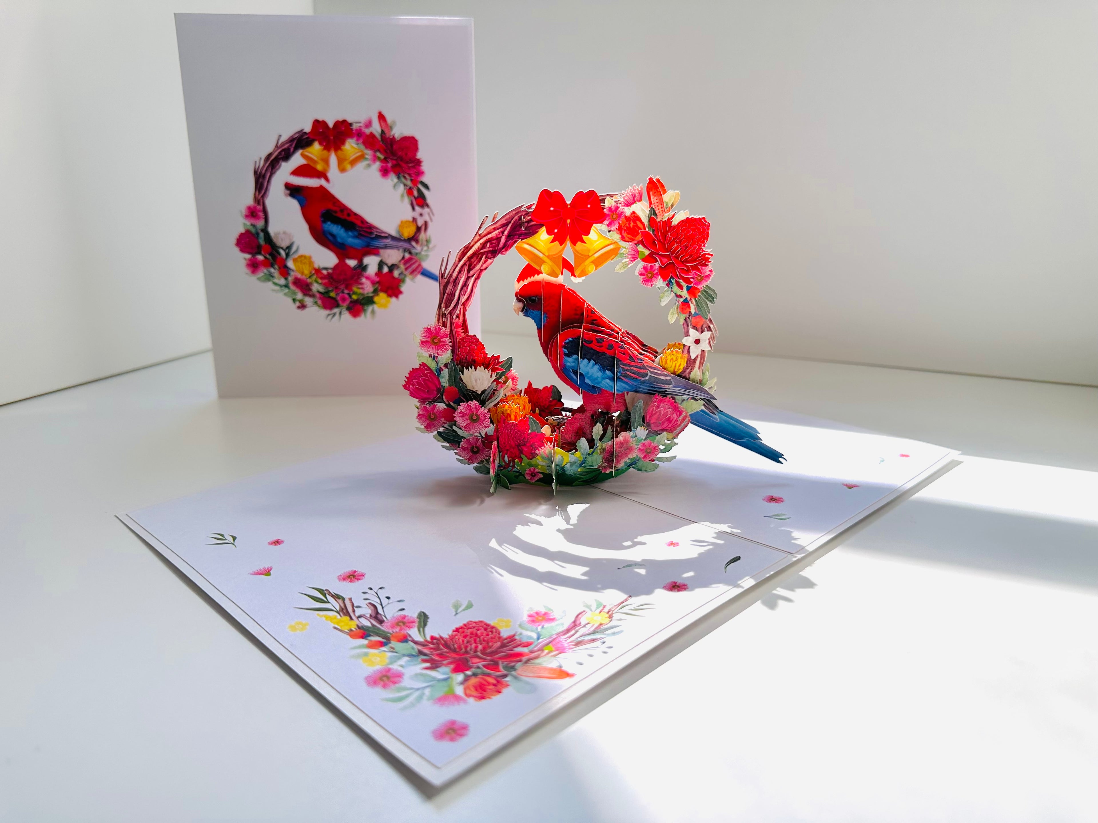 Merry Christmas Australian Bird Crimson Rosella & Native Flower Wreath Origami Pop Cards 3D Pop Up Greeting Card Merry Christmas Thank You Handmade Best Wishes Blank Card Gift Happy Holidays Celebrate the Special Day Moment with Family and Friends