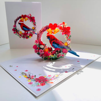 Merry Christmas Australian Bird Crimson Rosella & Native Flower Wreath Origami Pop Cards 3D Pop Up Greeting Card Merry Christmas Thank You Handmade Best Wishes Blank Card Gift Happy Holidays Celebrate the Special Day Moment with Family and Friends
