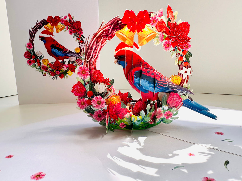 Merry Christmas Australian Bird Crimson Rosella & Native Flower Wreath Origami Pop Cards 3D Pop Up Greeting Card Merry Christmas Thank You Handmade Best Wishes Blank Card Gift Happy Holidays Celebrate the Special Day Moment with Family and Friends