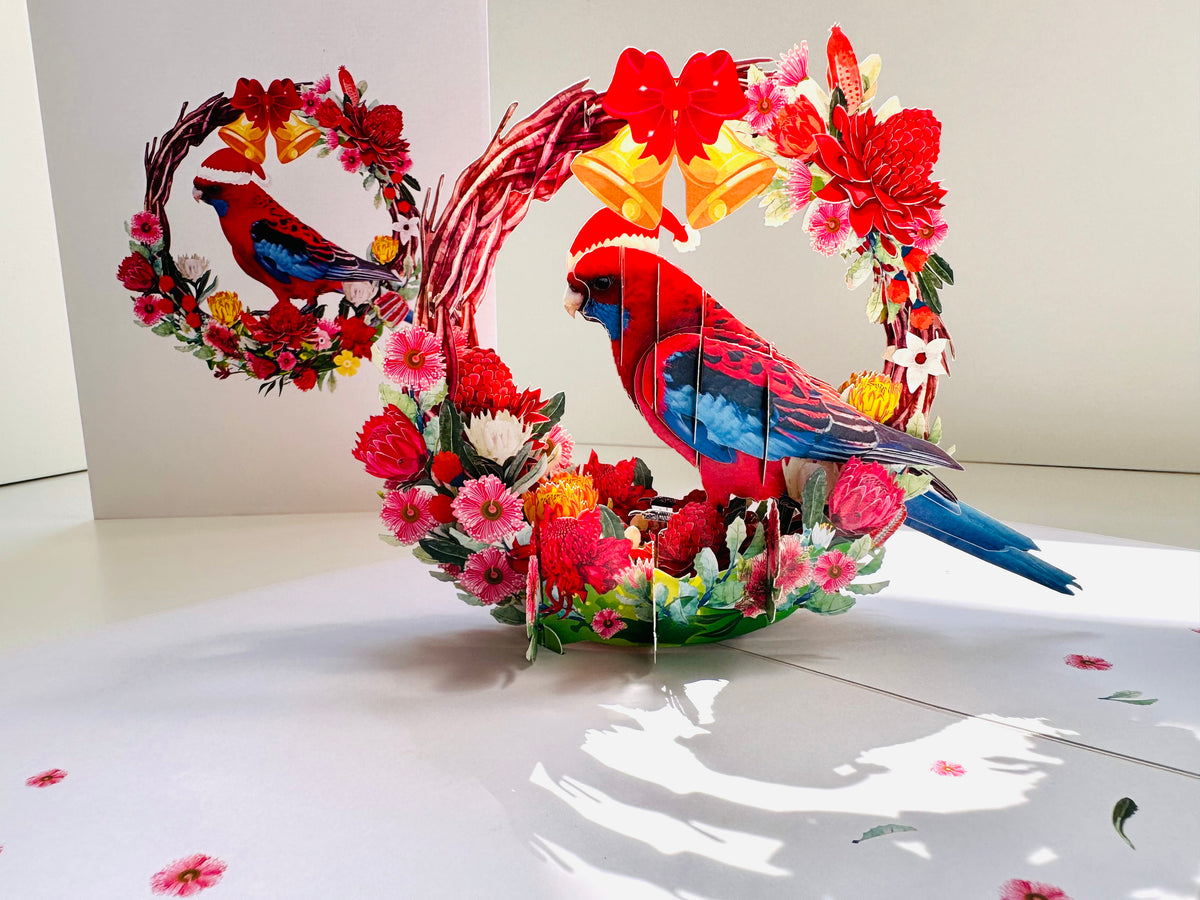 Merry Christmas Australian Bird Crimson Rosella & Native Flower Wreath Origami Pop Cards 3D Pop Up Greeting Card Merry Christmas Thank You Handmade Best Wishes Blank Card Gift Happy Holidays Celebrate the Special Day Moment with Family and Friends