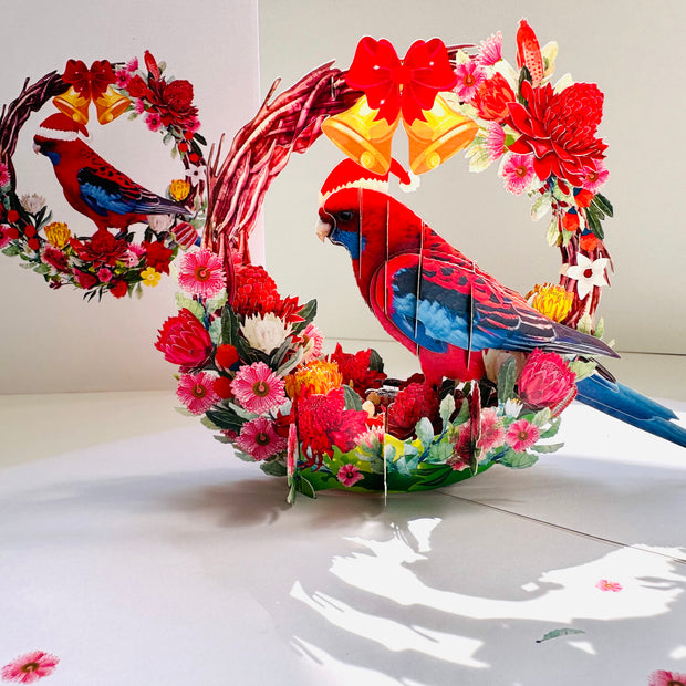 Merry Christmas Australian Bird Crimson Rosella & Native Flower Wreath Origami Pop Cards 3D Pop Up Greeting Card Merry Christmas Thank You Handmade Best Wishes Blank Card Gift Happy Holidays Celebrate the Special Day Moment with Family and Friends