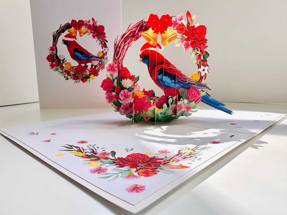Merry Christmas Australian Bird Crimson Rosella & Native Flower Wreath Origami Pop Cards 3D Pop Up Greeting Card Merry Christmas Thank You Handmade Best Wishes Blank Card Gift Happy Holidays Celebrate the Special Day Moment with Family and Friends