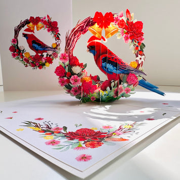 Merry Christmas Australian Bird Crimson Rosella & Native Flower Wreath Origami Pop Cards 3D Pop Up Greeting Card Merry Christmas Thank You Handmade Best Wishes Blank Card Gift Happy Holidays Celebrate the Special Day Moment with Family and Friends