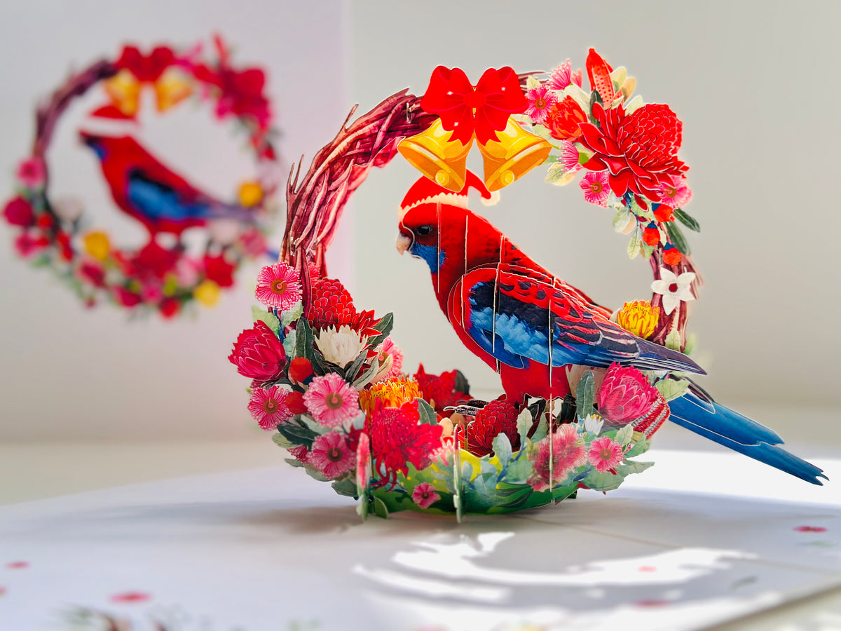Merry Christmas Australian Bird Crimson Rosella & Native Flower Wreath Origami Pop Cards 3D Pop Up Greeting Card Merry Christmas Thank You Handmade Best Wishes Blank Card Gift Happy Holidays Celebrate the Special Day Moment with Family and Friends