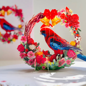 Merry Christmas Australian Bird Crimson Rosella & Native Flower Wreath Origami Pop Cards 3D Pop Up Greeting Card Merry Christmas Thank You Handmade Best Wishes Blank Card Gift Happy Holidays Celebrate the Special Day Moment with Family and Friends