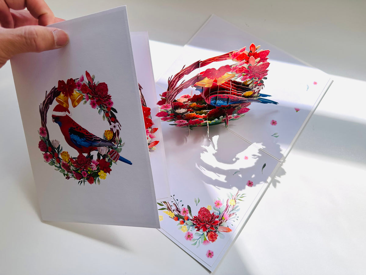Merry Christmas Australian Bird Crimson Rosella & Native Flower Wreath Origami Pop Cards 3D Pop Up Greeting Card Merry Christmas Thank You Handmade Best Wishes Blank Card Gift Happy Holidays Celebrate the Special Day Moment with Family and Friends