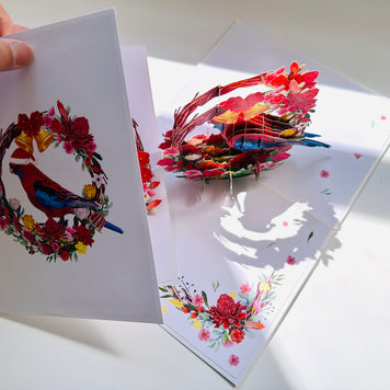 Merry Christmas Australian Bird Crimson Rosella & Native Flower Wreath Origami Pop Cards 3D Pop Up Greeting Card Merry Christmas Thank You Handmade Best Wishes Blank Card Gift Happy Holidays Celebrate the Special Day Moment with Family and Friends