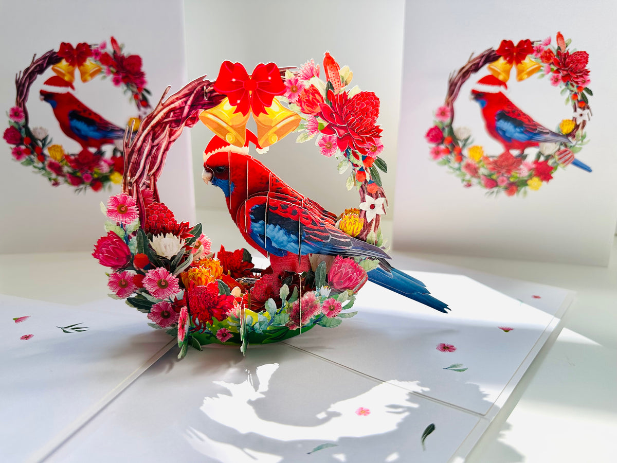 Merry Christmas Australian Bird Crimson Rosella & Native Flower Wreath Origami Pop Cards 3D Pop Up Greeting Card Merry Christmas Thank You Handmade Best Wishes Blank Card Gift Happy Holidays Celebrate the Special Day Moment with Family and Friends