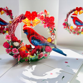 Merry Christmas Australian Bird Crimson Rosella & Native Flower Wreath Origami Pop Cards 3D Pop Up Greeting Card Merry Christmas Thank You Handmade Best Wishes Blank Card Gift Happy Holidays Celebrate the Special Day Moment with Family and Friends