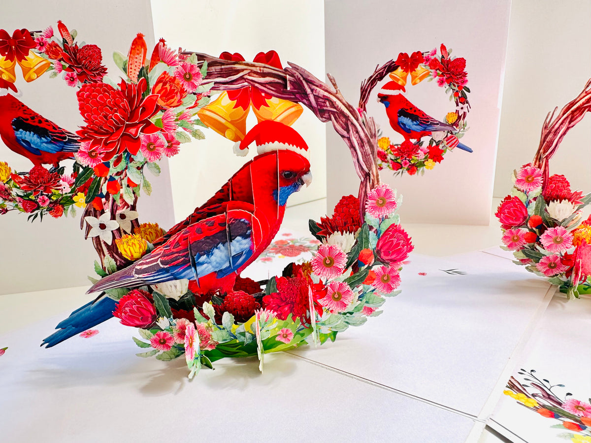 Merry Christmas Australian Bird Crimson Rosella & Native Flower Wreath Origami Pop Cards 3D Pop Up Greeting Card Merry Christmas Thank You Handmade Best Wishes Blank Card Gift Happy Holidays Celebrate the Special Day Moment with Family and Friends