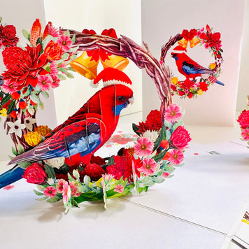 Merry Christmas Australian Bird Crimson Rosella & Native Flower Wreath Origami Pop Cards 3D Pop Up Greeting Card Merry Christmas Thank You Handmade Best Wishes Blank Card Gift Happy Holidays Celebrate the Special Day Moment with Family and Friends