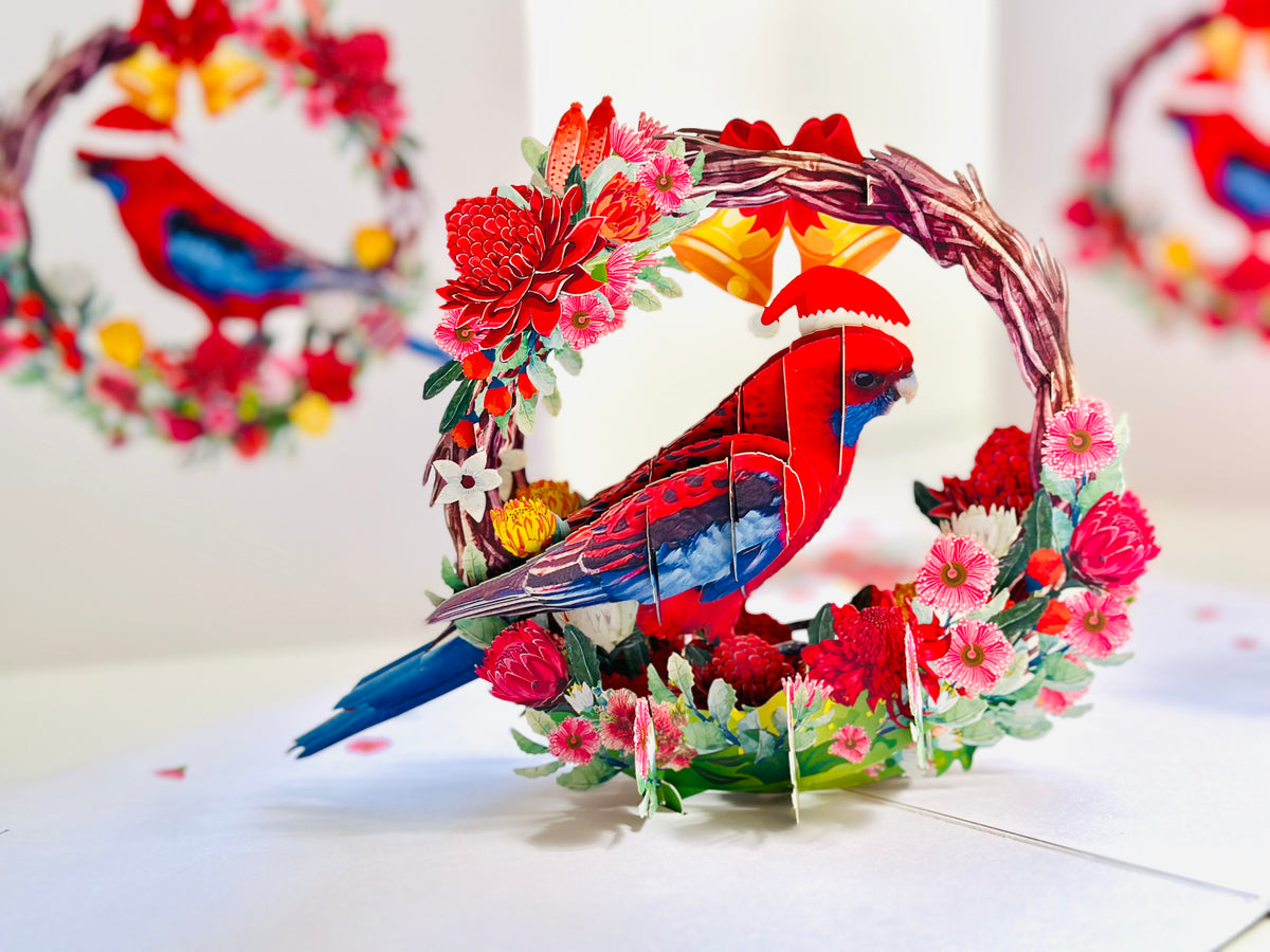 Merry Christmas Australian Bird Crimson Rosella & Native Flower Wreath Origami Pop Cards 3D Pop Up Greeting Card Merry Christmas Thank You Handmade Best Wishes Blank Card Gift Happy Holidays Celebrate the Special Day Moment with Family and Friends