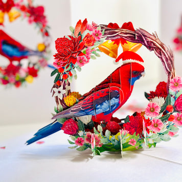 Merry Christmas Australian Bird Crimson Rosella & Native Flower Wreath Origami Pop Cards 3D Pop Up Greeting Card Merry Christmas Thank You Handmade Best Wishes Blank Card Gift Happy Holidays Celebrate the Special Day Moment with Family and Friends