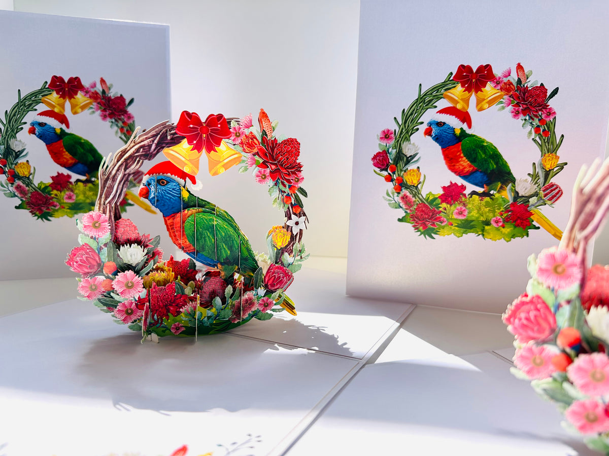 Merry Christmas Australian Bird Rainbow Lorikeet & Native Flower Wreath Origami Pop Cards 3D Pop Up Greeting Card Merry Christmas Thank You Handmade Best Wishes Blank Card Gift Happy Holidays Celebrate the Special Day Moment with Family and Friends