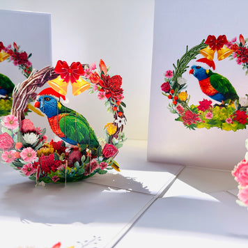Merry Christmas Australian Bird Rainbow Lorikeet & Native Flower Wreath Origami Pop Cards 3D Pop Up Greeting Card Merry Christmas Thank You Handmade Best Wishes Blank Card Gift Happy Holidays Celebrate the Special Day Moment with Family and Friends