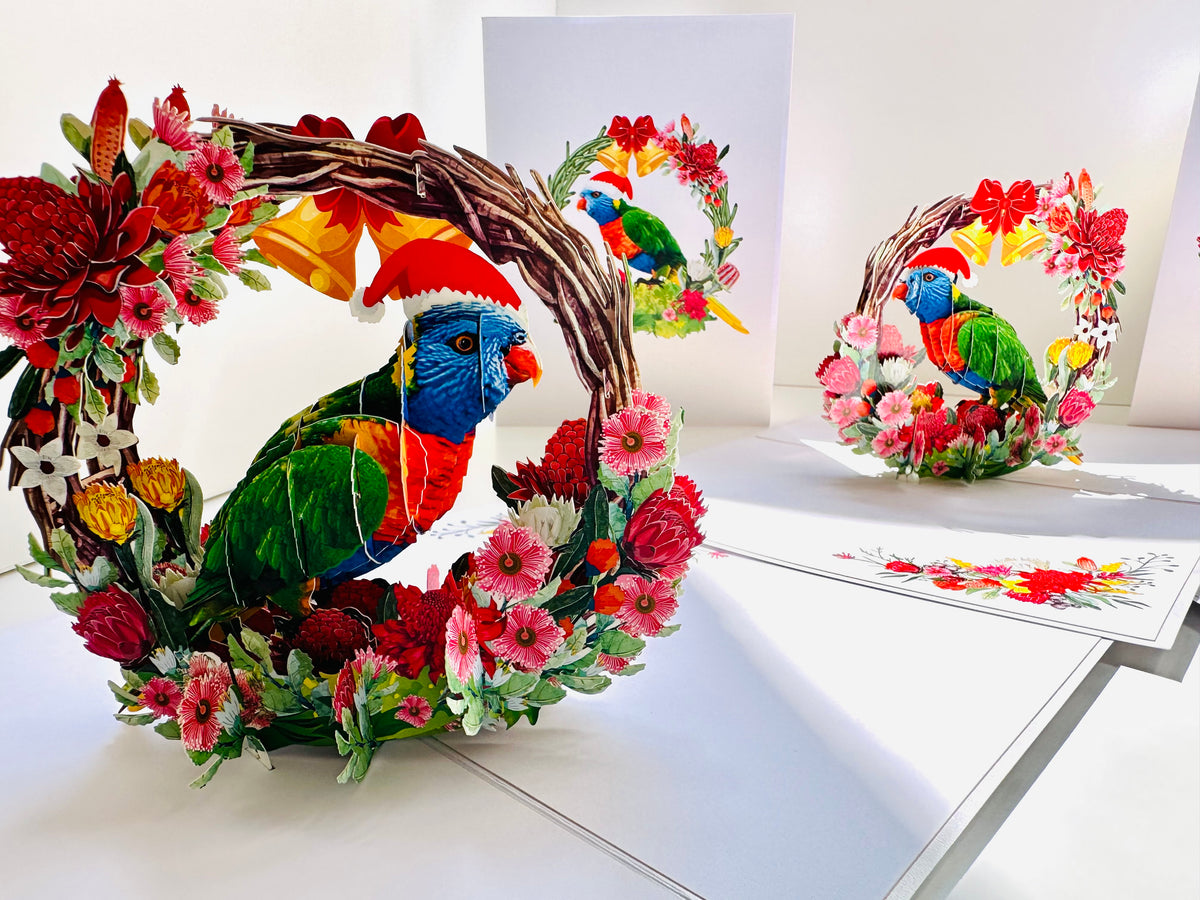 Merry Christmas Australian Bird Rainbow Lorikeet & Native Flower Wreath Origami Pop Cards 3D Pop Up Greeting Card Merry Christmas Thank You Handmade Best Wishes Blank Card Gift Happy Holidays Celebrate the Special Day Moment with Family and Friends