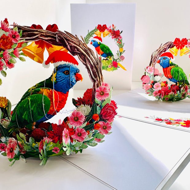 Merry Christmas Australian Bird Rainbow Lorikeet & Native Flower Wreath Origami Pop Cards 3D Pop Up Greeting Card Merry Christmas Thank You Handmade Best Wishes Blank Card Gift Happy Holidays Celebrate the Special Day Moment with Family and Friends