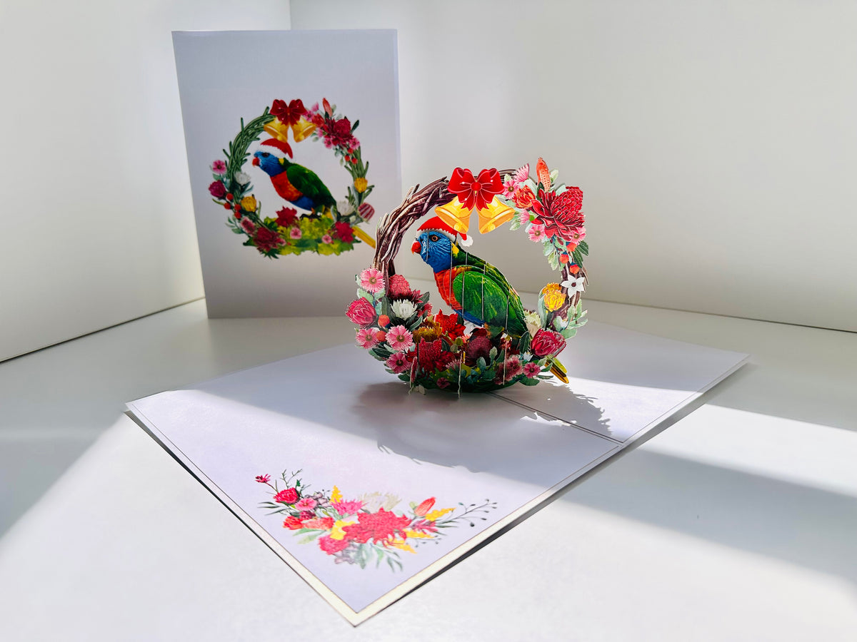 Merry Christmas Australian Bird Rainbow Lorikeet & Native Flower Wreath Origami Pop Cards 3D Pop Up Greeting Card Merry Christmas Thank You Handmade Best Wishes Blank Card Gift Happy Holidays Celebrate the Special Day Moment with Family and Friends