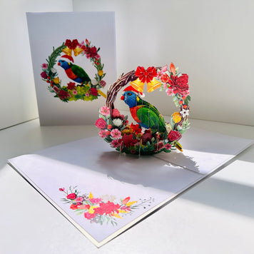Merry Christmas Australian Bird Rainbow Lorikeet & Native Flower Wreath Origami Pop Cards 3D Pop Up Greeting Card Merry Christmas Thank You Handmade Best Wishes Blank Card Gift Happy Holidays Celebrate the Special Day Moment with Family and Friends