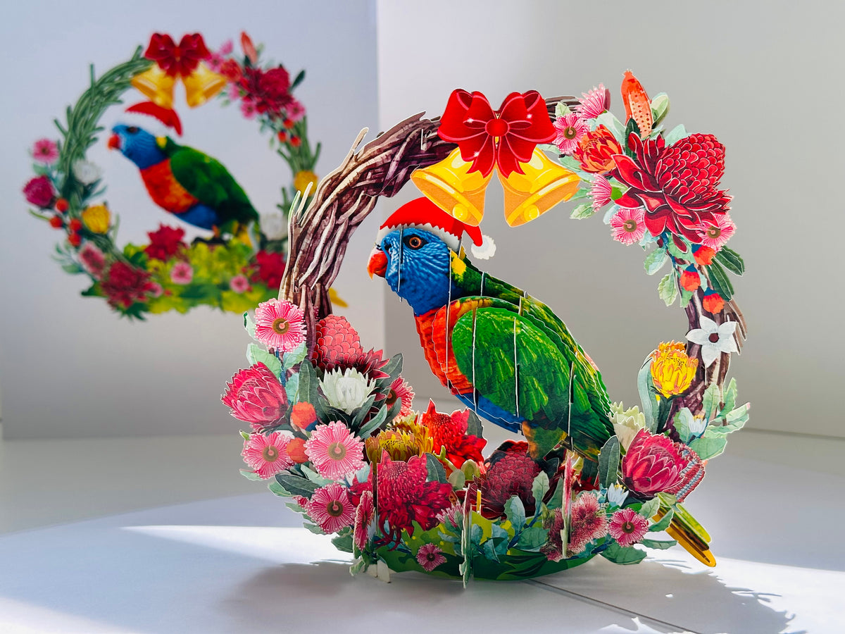 Merry Christmas Australian Bird Rainbow Lorikeet & Native Flower Wreath Origami Pop Cards 3D Pop Up Greeting Card Merry Christmas Thank You Handmade Best Wishes Blank Card Gift Happy Holidays Celebrate the Special Day Moment with Family and Friends