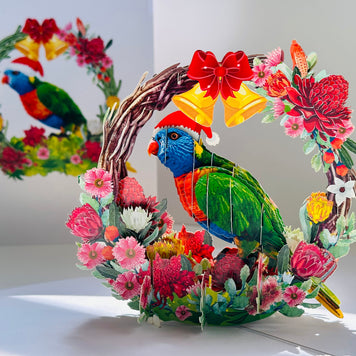 Merry Christmas Australian Bird Rainbow Lorikeet & Native Flower Wreath Origami Pop Cards 3D Pop Up Greeting Card Merry Christmas Thank You Handmade Best Wishes Blank Card Gift Happy Holidays Celebrate the Special Day Moment with Family and Friends