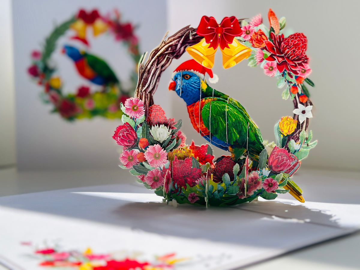 Merry Christmas Australian Bird Rainbow Lorikeet & Native Flower Wreath Origami Pop Cards 3D Pop Up Greeting Card Merry Christmas Thank You Handmade Best Wishes Blank Card Gift Happy Holidays Celebrate the Special Day Moment with Family and Friends