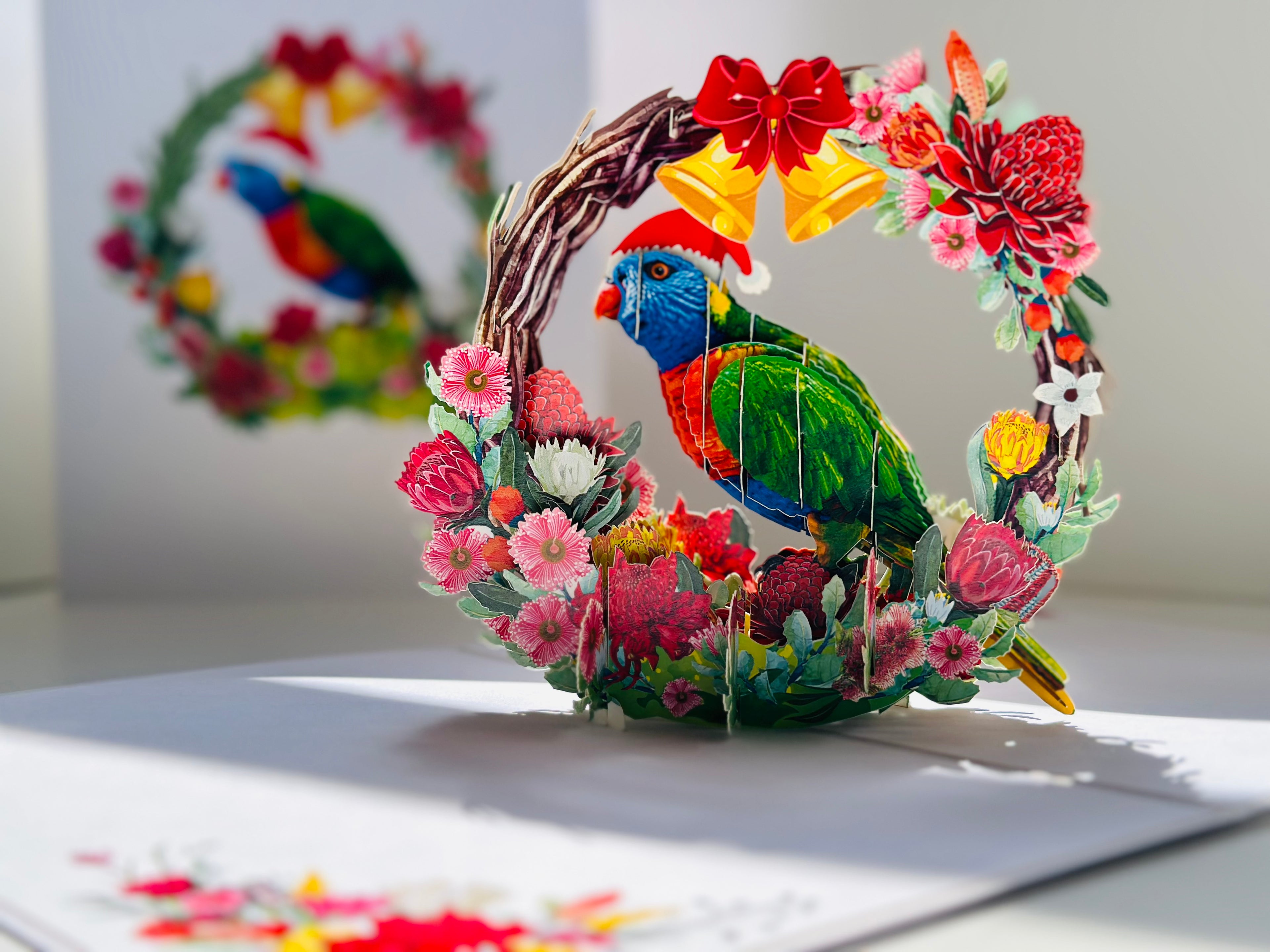 Merry Christmas Australian Bird Rainbow Lorikeet & Native Flower Wreath Origami Pop Cards 3D Pop Up Greeting Card Merry Christmas Thank You Handmade Best Wishes Blank Card Gift Happy Holidays Celebrate the Special Day Moment with Family and Friends