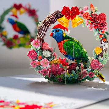Merry Christmas Australian Bird Rainbow Lorikeet & Native Flower Wreath Origami Pop Cards 3D Pop Up Greeting Card Merry Christmas Thank You Handmade Best Wishes Blank Card Gift Happy Holidays Celebrate the Special Day Moment with Family and Friends