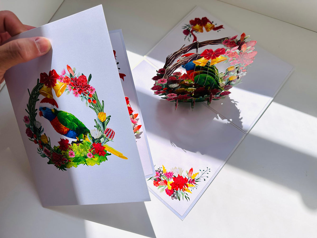 Merry Christmas Australian Bird Rainbow Lorikeet & Native Flower Wreath Origami Pop Cards 3D Pop Up Greeting Card Merry Christmas Thank You Handmade Best Wishes Blank Card Gift Happy Holidays Celebrate the Special Day Moment with Family and Friends