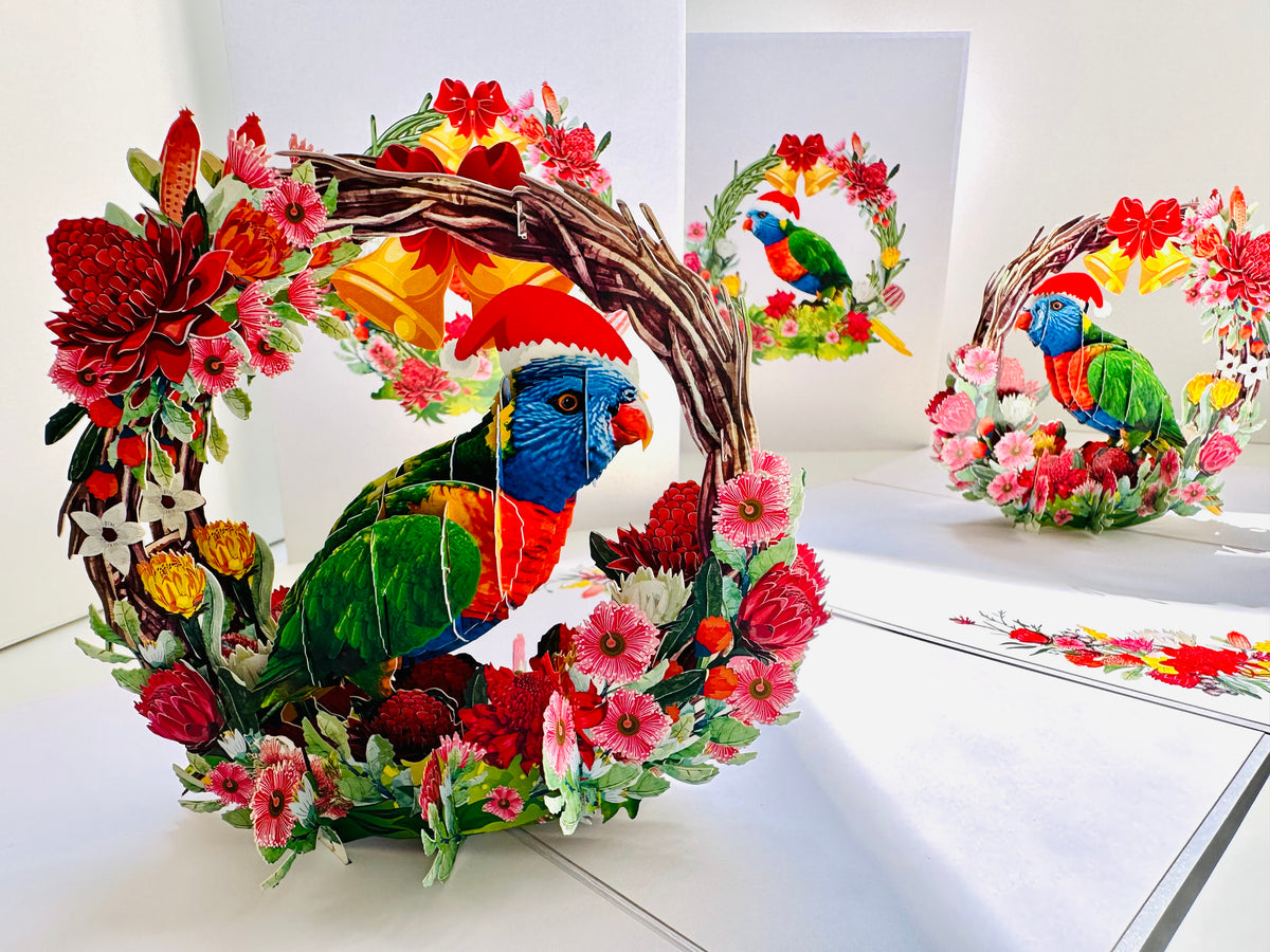 Merry Christmas Australian Bird Rainbow Lorikeet & Native Flower Wreath Origami Pop Cards 3D Pop Up Greeting Card Merry Christmas Thank You Handmade Best Wishes Blank Card Gift Happy Holidays Celebrate the Special Day Moment with Family and Friends