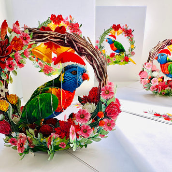Merry Christmas Australian Bird Rainbow Lorikeet & Native Flower Wreath Origami Pop Cards 3D Pop Up Greeting Card Merry Christmas Thank You Handmade Best Wishes Blank Card Gift Happy Holidays Celebrate the Special Day Moment with Family and Friends