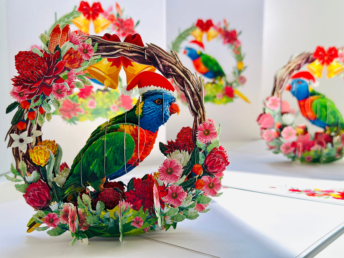 Merry Christmas Australian Bird Rainbow Lorikeet & Native Flower Wreath Origami Pop Cards 3D Pop Up Greeting Card Merry Christmas Thank You Handmade Best Wishes Blank Card Gift Happy Holidays Celebrate the Special Day Moment with Family and Friends