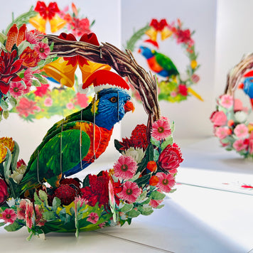 Merry Christmas Australian Bird Rainbow Lorikeet & Native Flower Wreath Origami Pop Cards 3D Pop Up Greeting Card Merry Christmas Thank You Handmade Best Wishes Blank Card Gift Happy Holidays Celebrate the Special Day Moment with Family and Friends