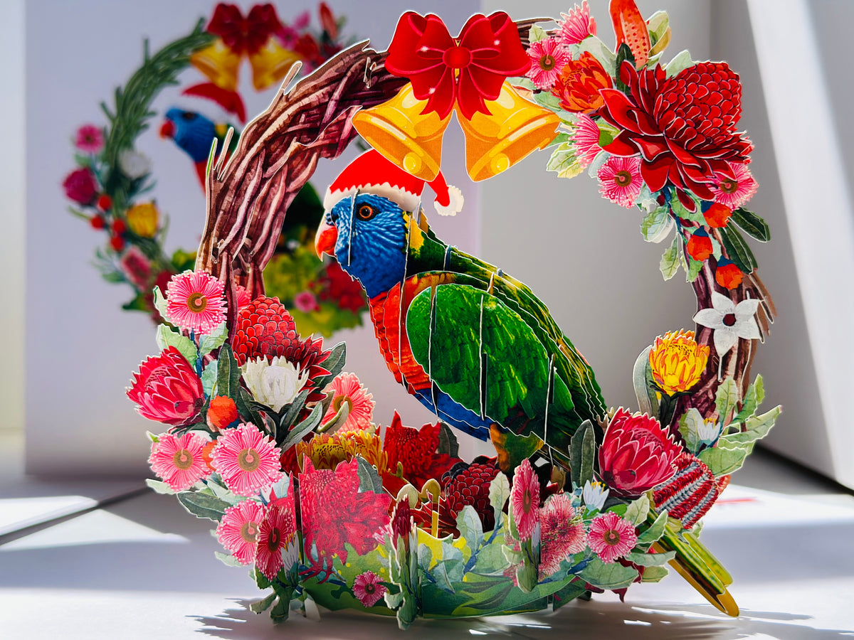 Merry Christmas Australian Bird Rainbow Lorikeet & Native Flower Wreath Origami Pop Cards 3D Pop Up Greeting Card Merry Christmas Thank You Handmade Best Wishes Blank Card Gift Happy Holidays Celebrate the Special Day Moment with Family and Friends