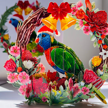 Merry Christmas Australian Bird Rainbow Lorikeet & Native Flower Wreath Origami Pop Cards 3D Pop Up Greeting Card Merry Christmas Thank You Handmade Best Wishes Blank Card Gift Happy Holidays Celebrate the Special Day Moment with Family and Friends