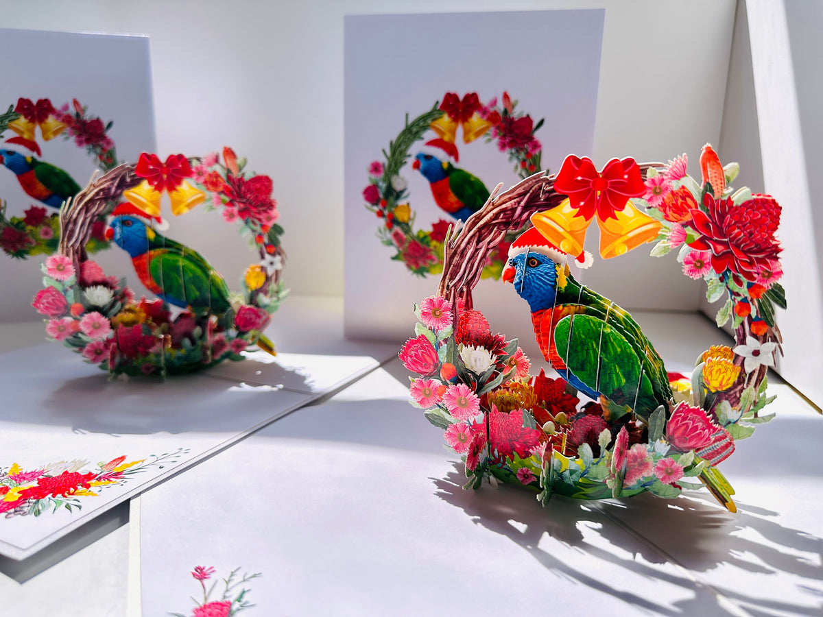 Merry Christmas Australian Bird Rainbow Lorikeet & Native Flower Wreath Origami Pop Cards 3D Pop Up Greeting Card Merry Christmas Thank You Handmade Best Wishes Blank Card Gift Happy Holidays Celebrate the Special Day Moment with Family and Friends