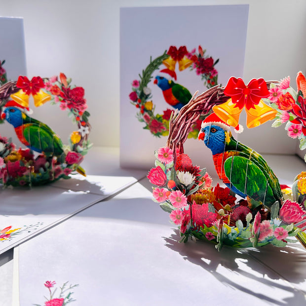 Merry Christmas Australian Bird Rainbow Lorikeet & Native Flower Wreath Origami Pop Cards 3D Pop Up Greeting Card Merry Christmas Thank You Handmade Best Wishes Blank Card Gift Happy Holidays Celebrate the Special Day Moment with Family and Friends