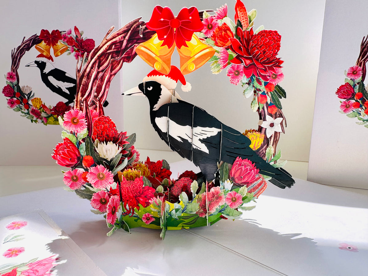 Merry Christmas Australian Magpie Bird & Native Flower Wreath Origami Pop Cards 3D Pop Up Greeting Card Merry Christmas Thank You Handmade Best Wishes Blank Card Gift Happy Holidays Celebrate the Special Day Moment with Family and Friends